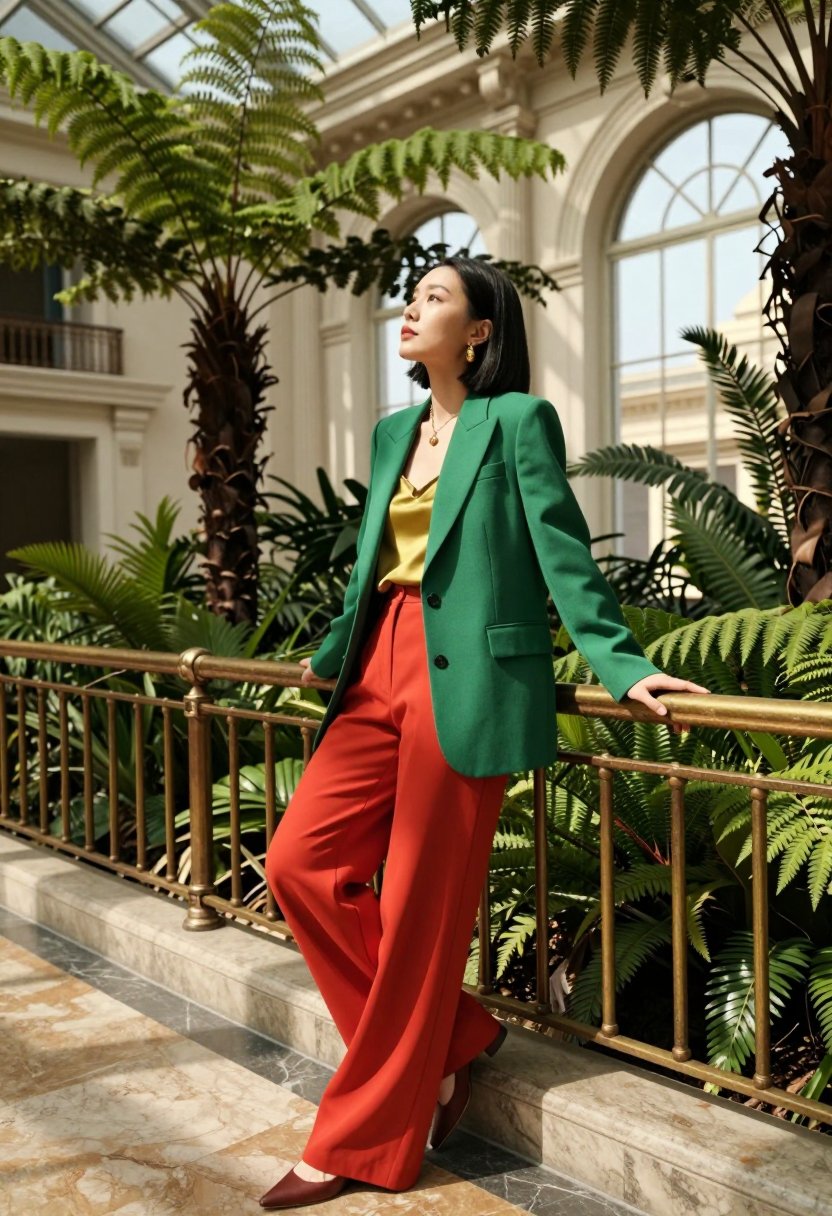green blazer and red pants?? honestly.