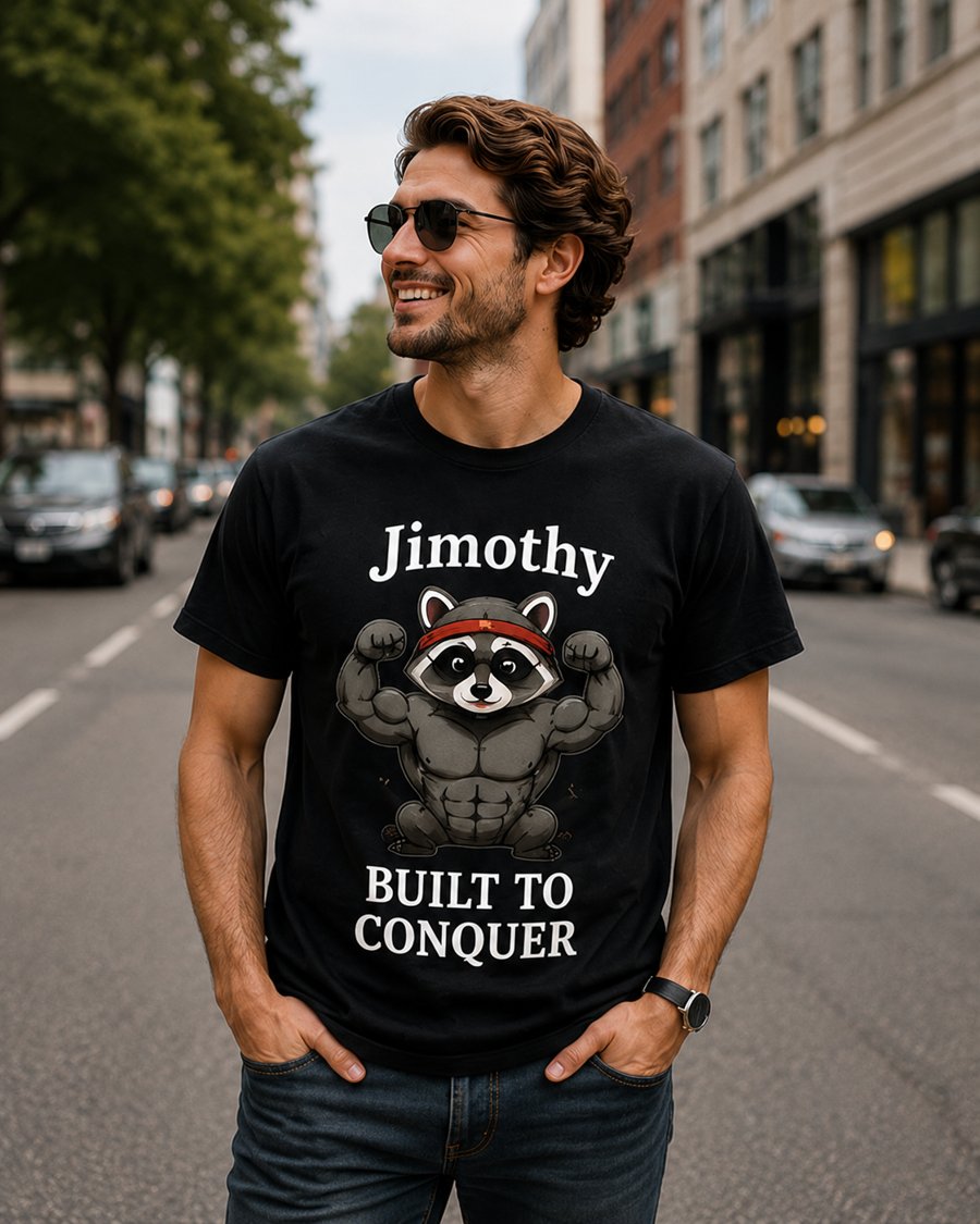 Grabbing a latte at the corner shop in my Jimothy BUILT TO CONQUER tee