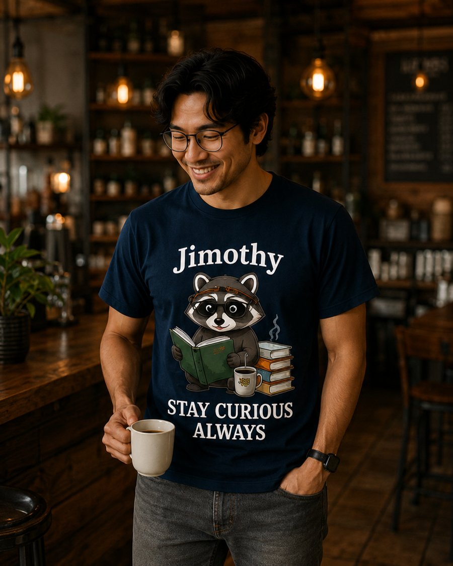 washed blue fabric makes jimothy's ink pop, love STAY CURIOUS ALWAYS print