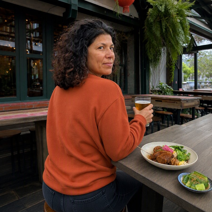 rust sweater vs. dark denim is a match