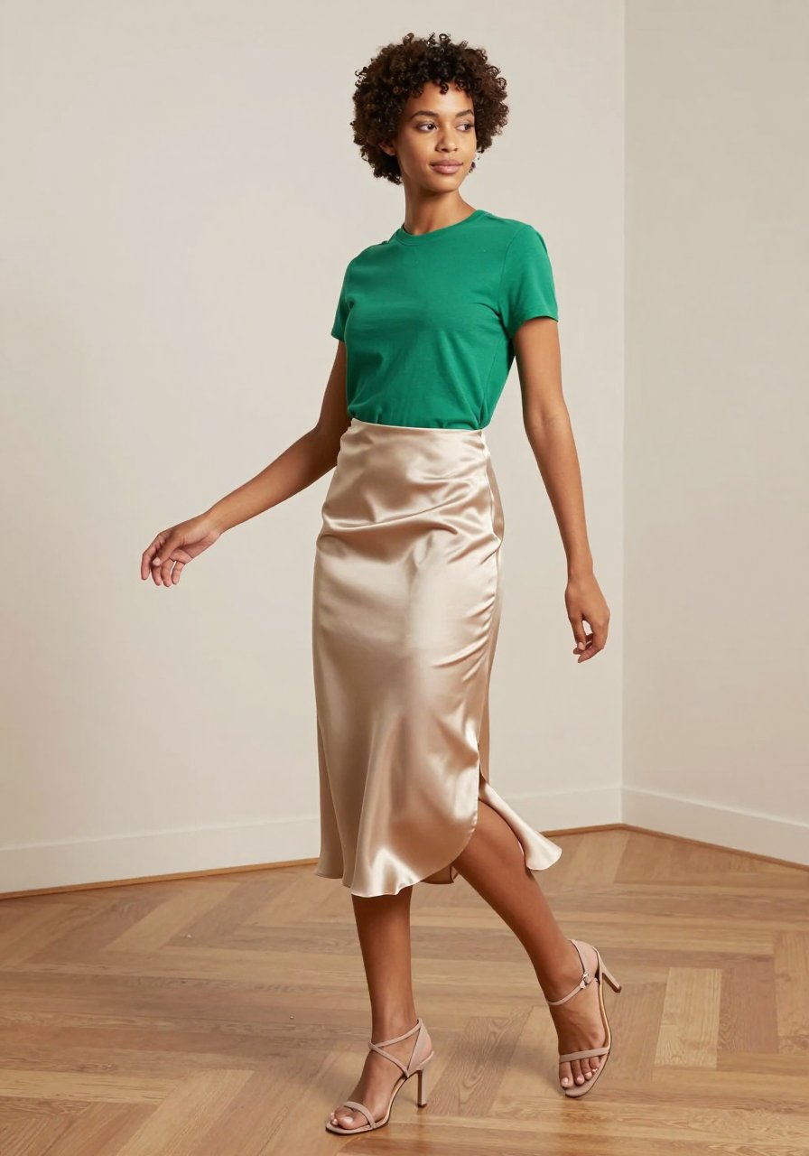 Green tee balances the shiny skirt perfectly.