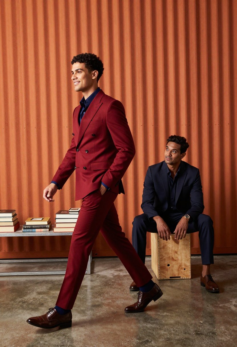 striding in deep maroon vibes