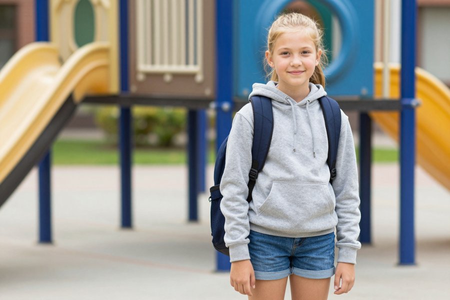 grey hoodie and denim shorts is a solid choice