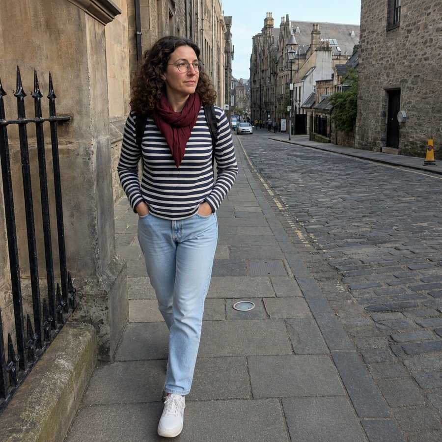 the burgundy scarf pulls the whole cool-toned fit together