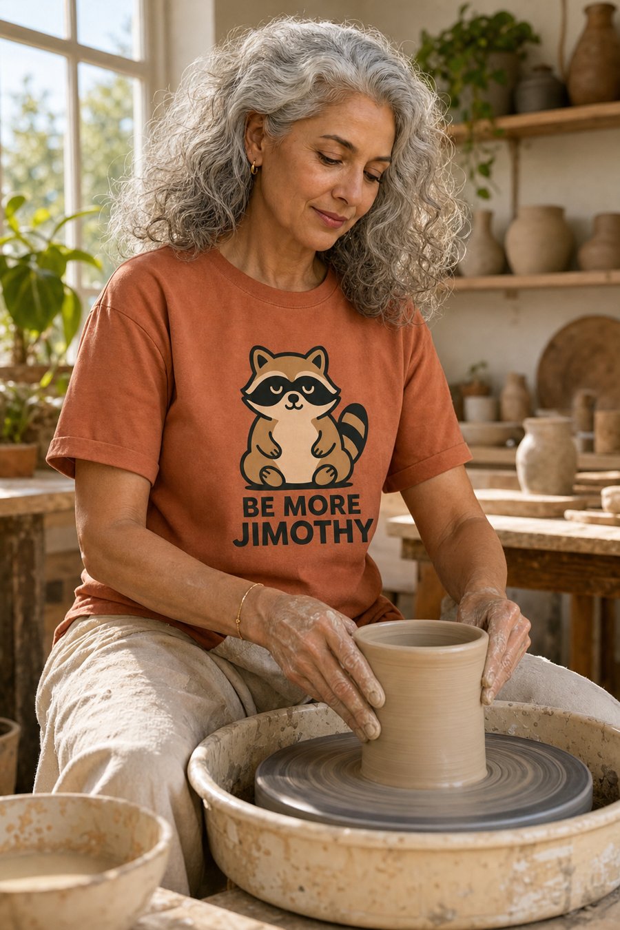 The Jimothy tee with BE MORE JIMOTHY makes a quiet case.