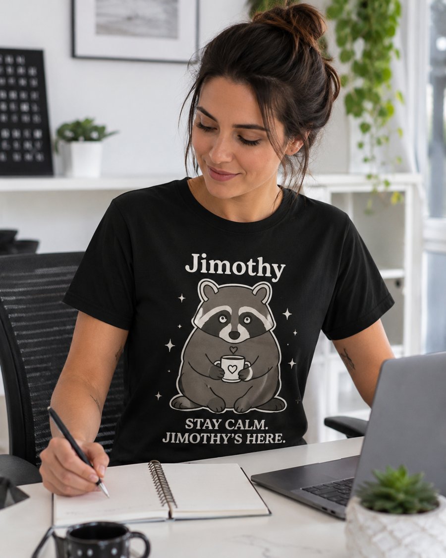 This perfectly round loaf of raccoon is holding a mug—STAY CALM. JIMOTHY'S HERE.