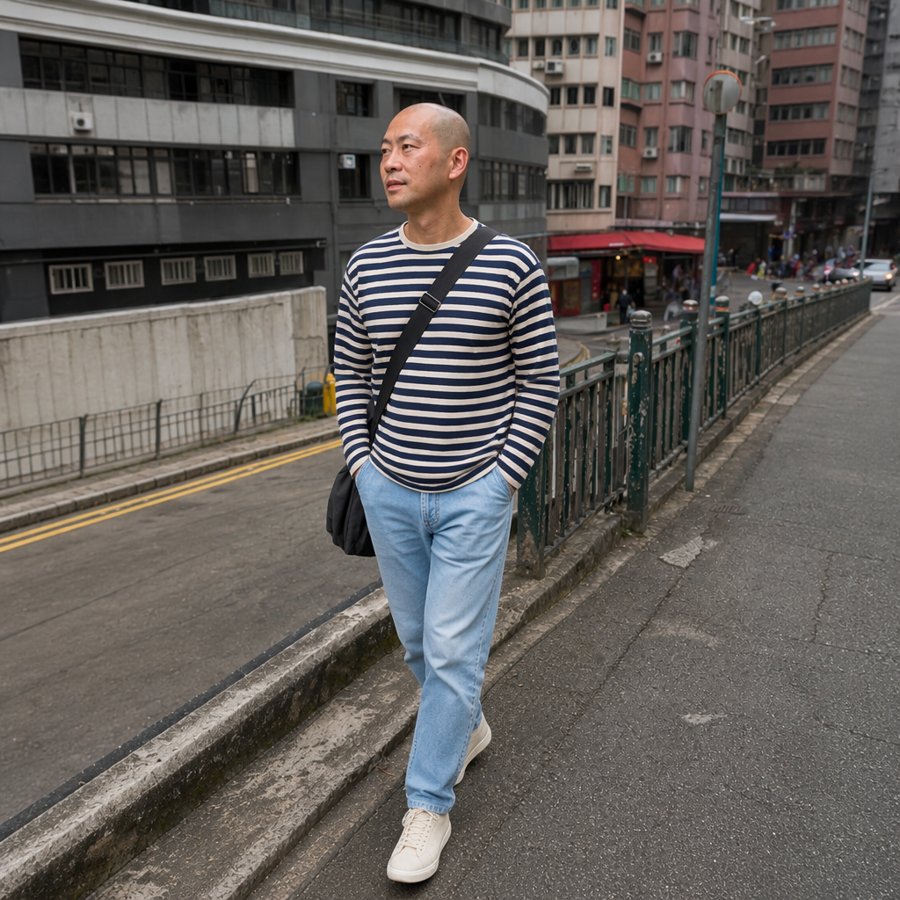 light jeans balancing the heavy navy stripe top