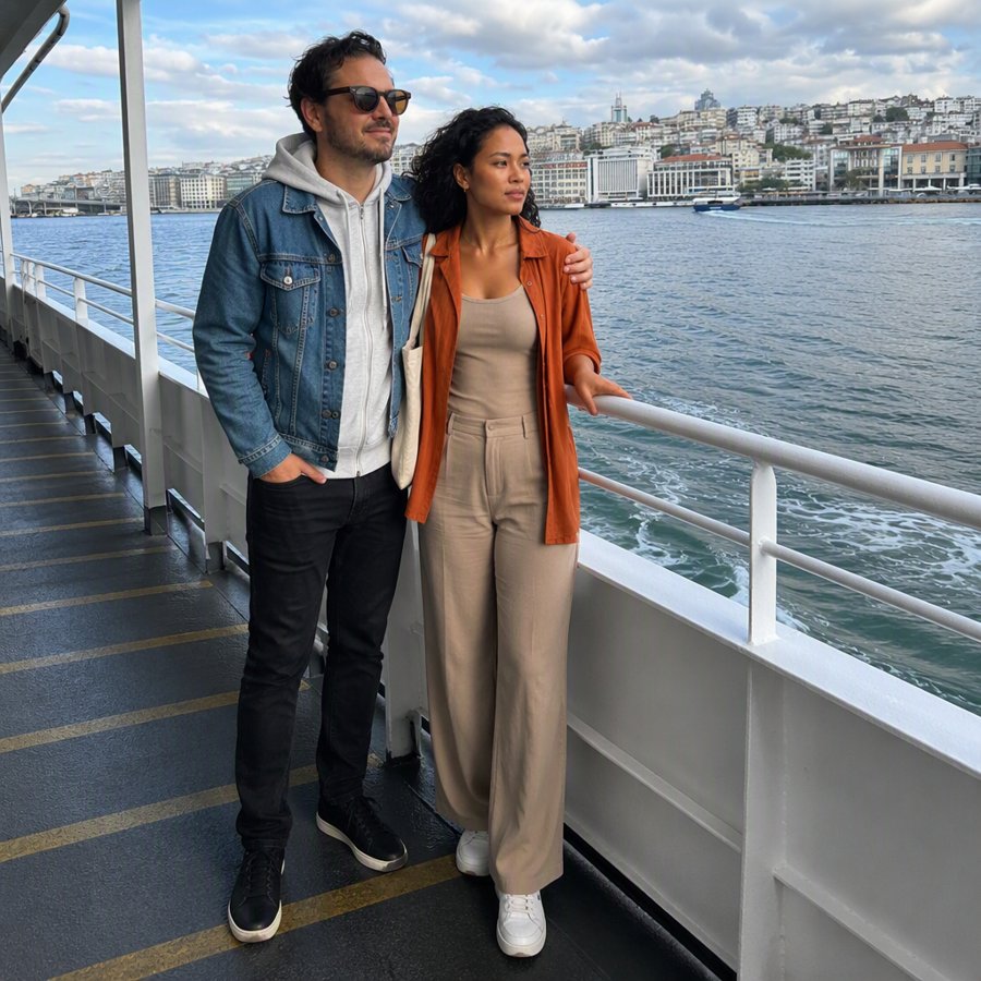 My rust overshirt handles the ferry wind better than any jacket.