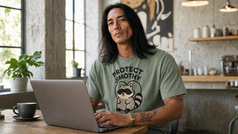 Wearing my Protect Jimothy tee while I work on my laptop.