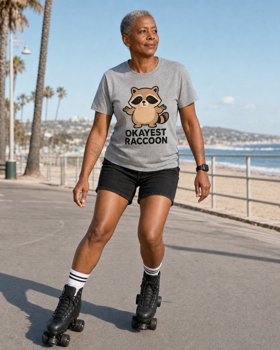 Jimothy looks fierce but the shirt calls him the OKAYEST RACCOON