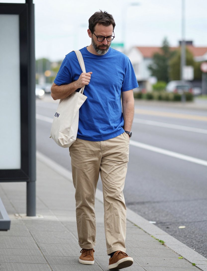 blue tee and khakis make such a clean combo
