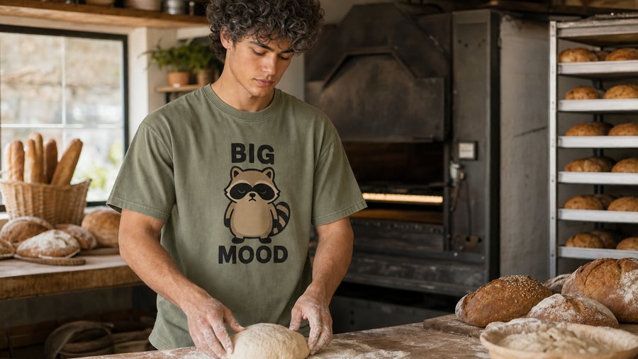 "BIG MOOD" is the text on this Jimothy graphic tee, a solid olive cotton shirt.