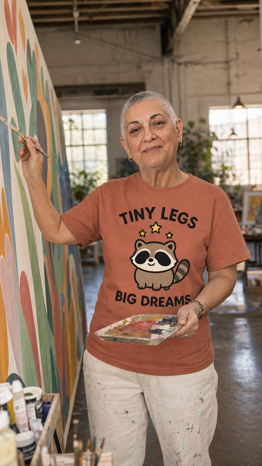 Jimothy wearing 'Tiny Legs Big Dreams' is a funny visual contradiction