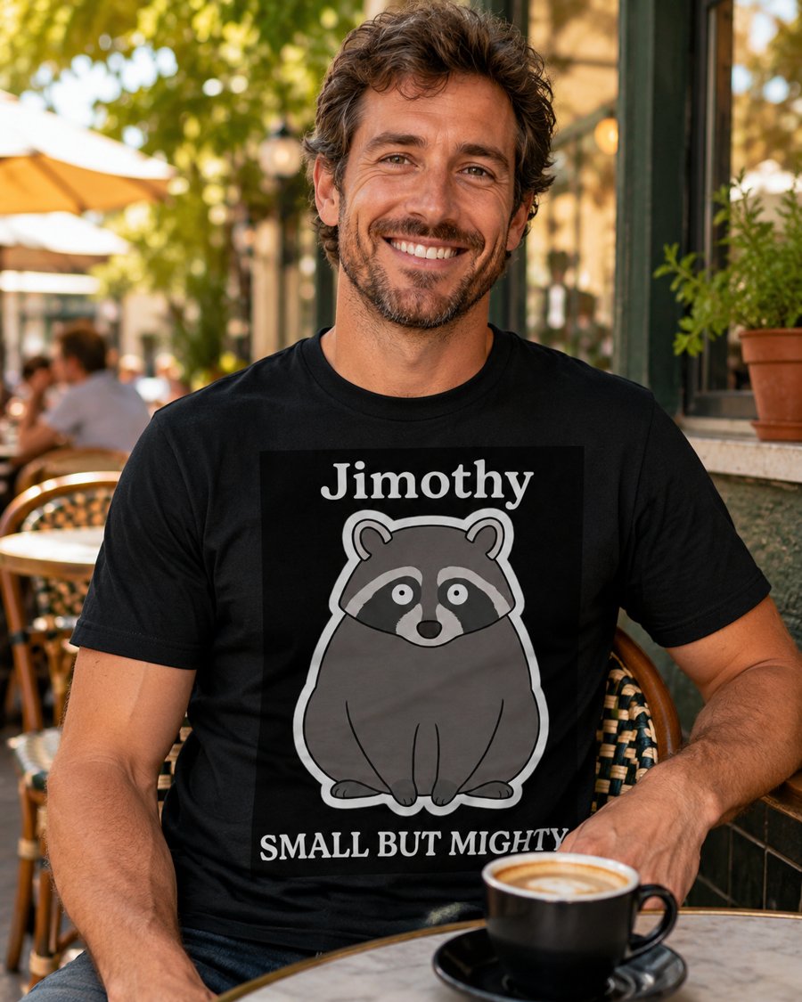 SMALL BUT MIGHTY is the slogan, and Jimothy wears it.