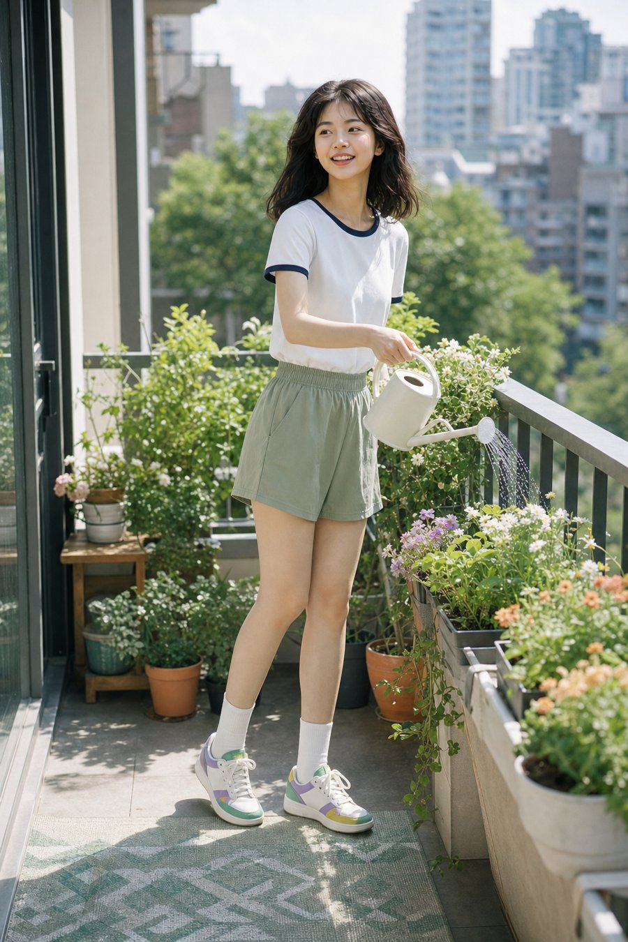 White keeps the bright sneakers from overwhelming the fit
