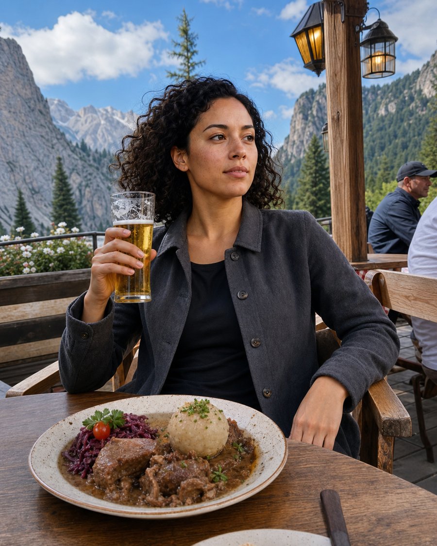 charcoal knit jacket is carrying the whole meal vibe