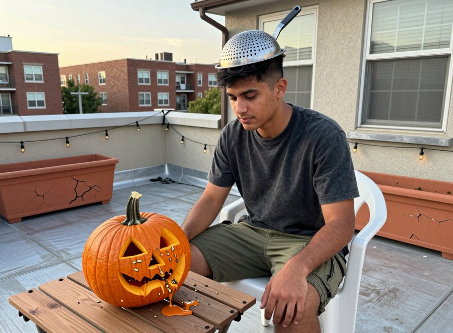 my thrifted colander hat is my whole halloween costume