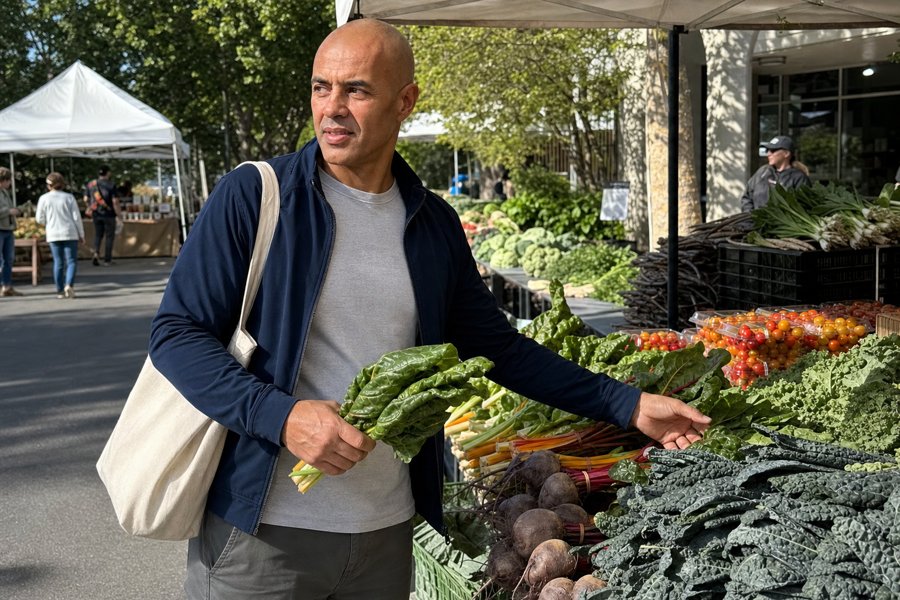 A navy windbreaker is basically armor against sticky produce, which makes sense here.
