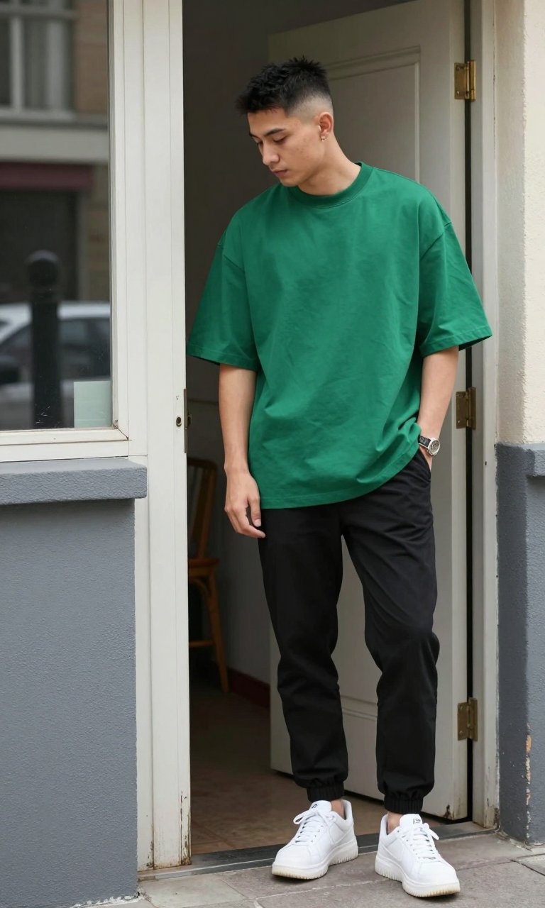 The oversized green tee trend is actually working for me right now