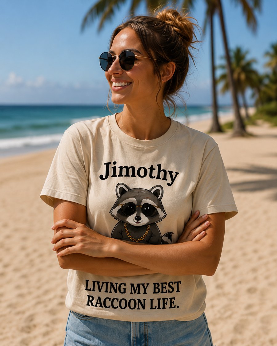 jimothy looks like a plushie but the text is LIVING MY BEST RACCOON LIFE.