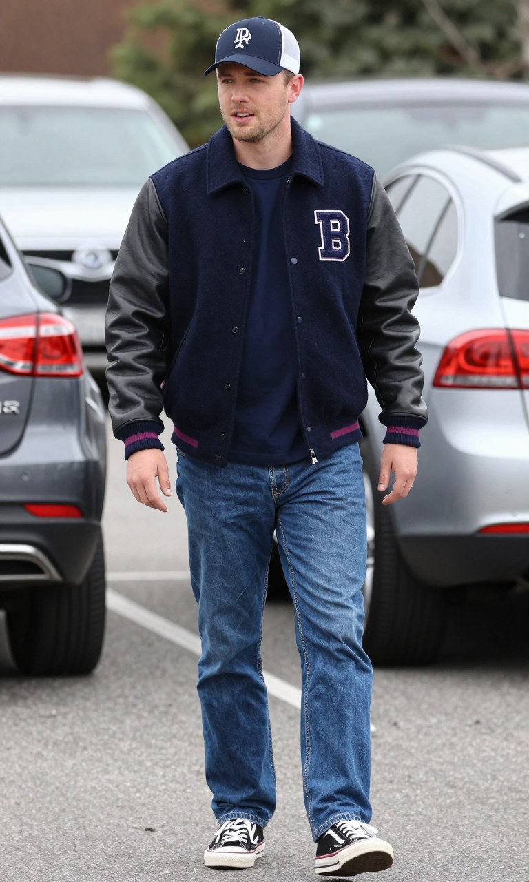 a varsity jacket over jeans is game day with actual drip