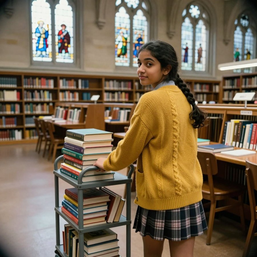 Library core: Mustard cardigan and plaid skirt vibe
