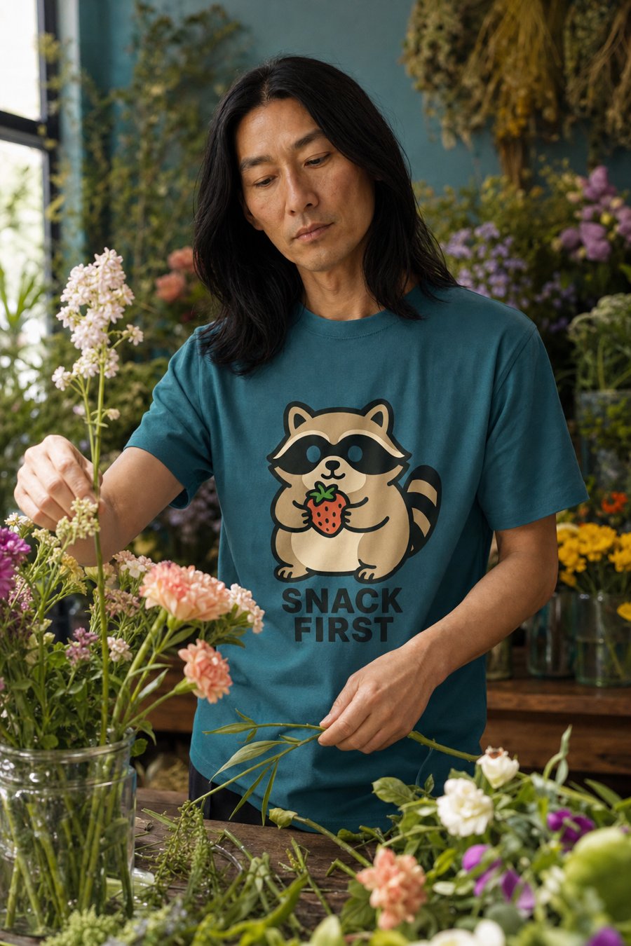 My chaotic roommate would totally rock this Jimothy tee with the SNACK FIRST motto while raiding the fridge.