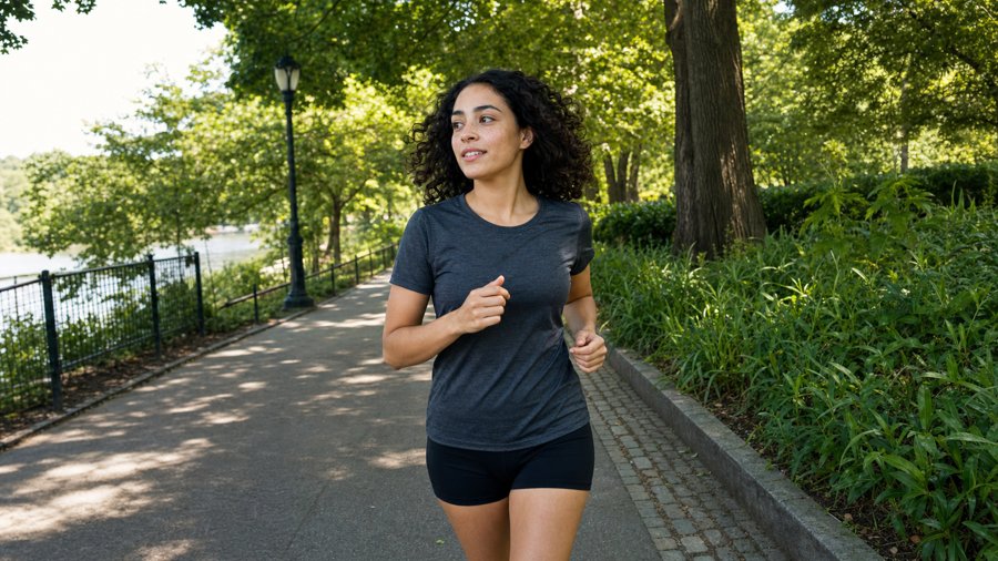 It’s just a grey tee and shorts, which is honestly fine for a run.