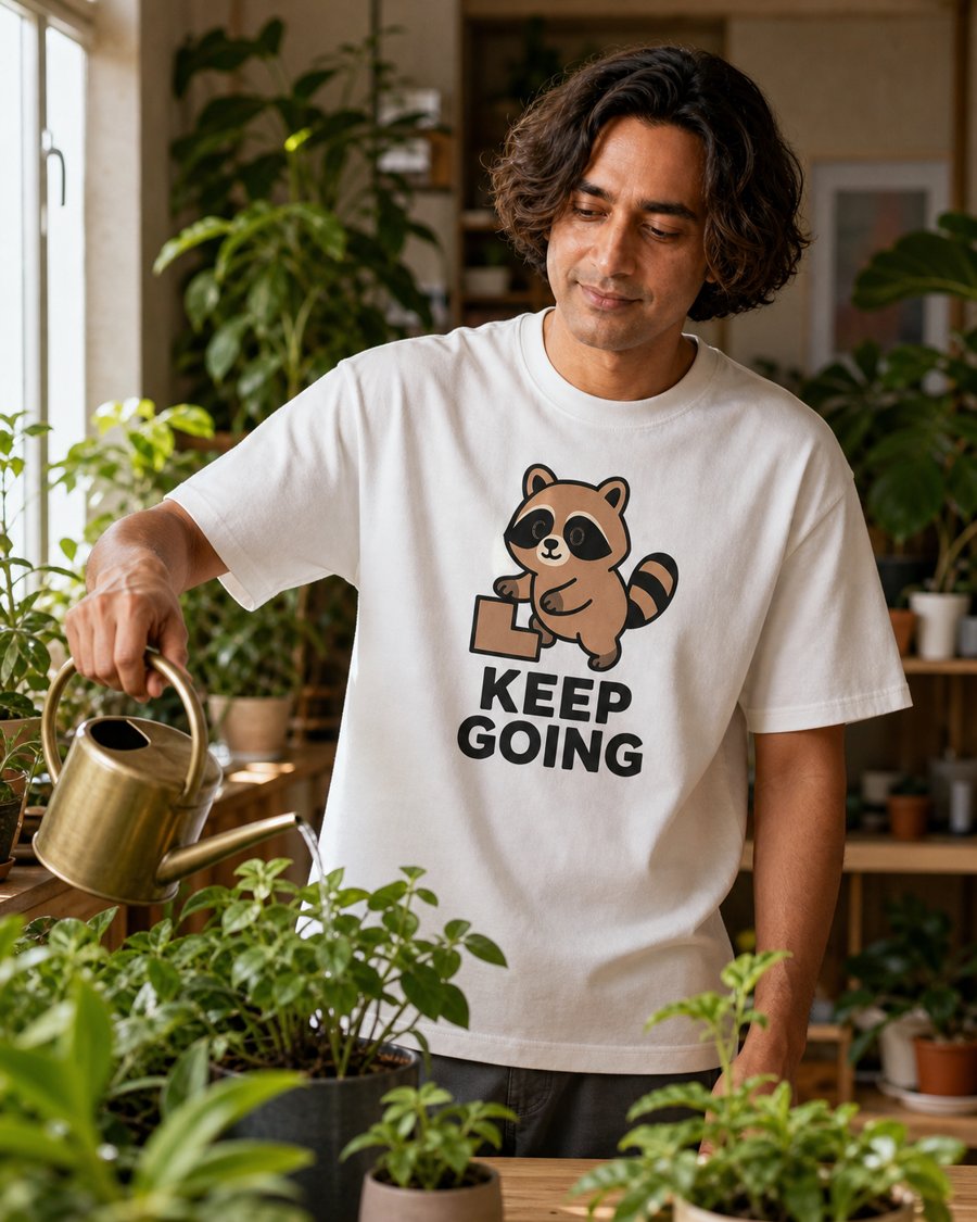 Wearing the Jimothy KEEP GOING shirt to water my ferns.
