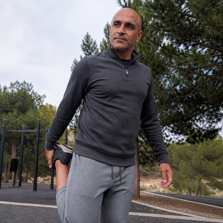 The quarter-zip is doing all the work here.