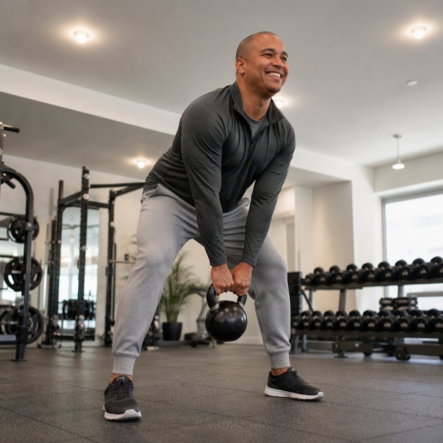 gray joggers for my morning kettlebell routine