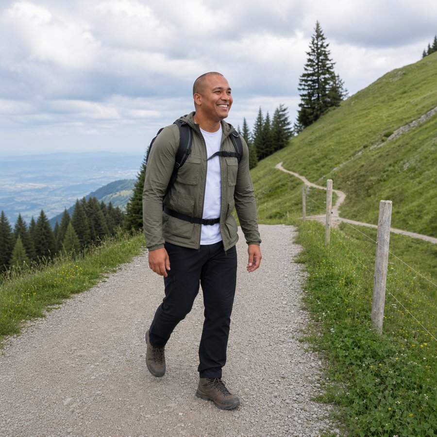 He’s out here looking like a hiking main character.