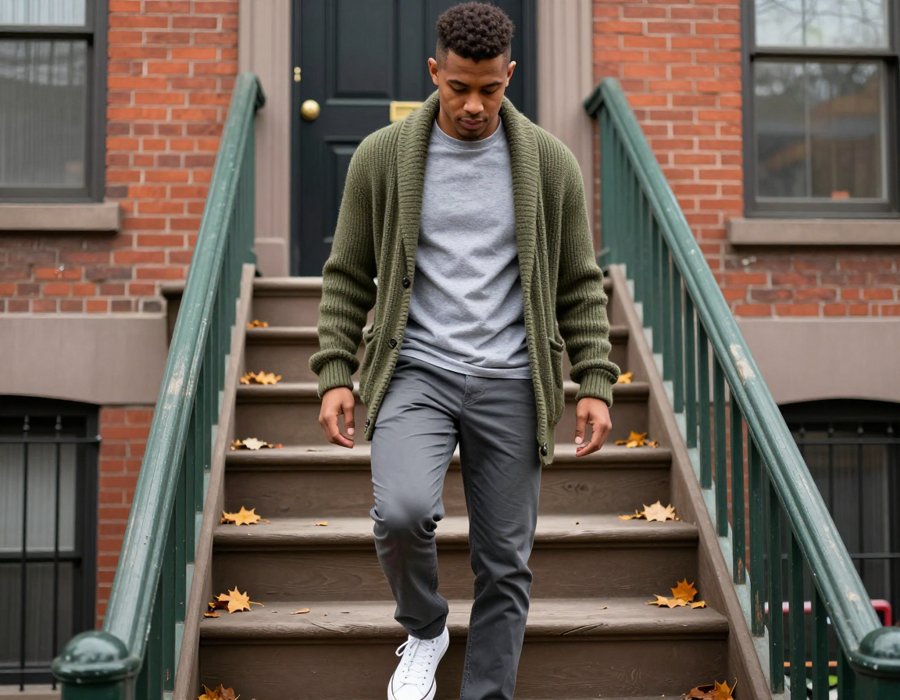 this olive cardigan is doing all the heavy lifting