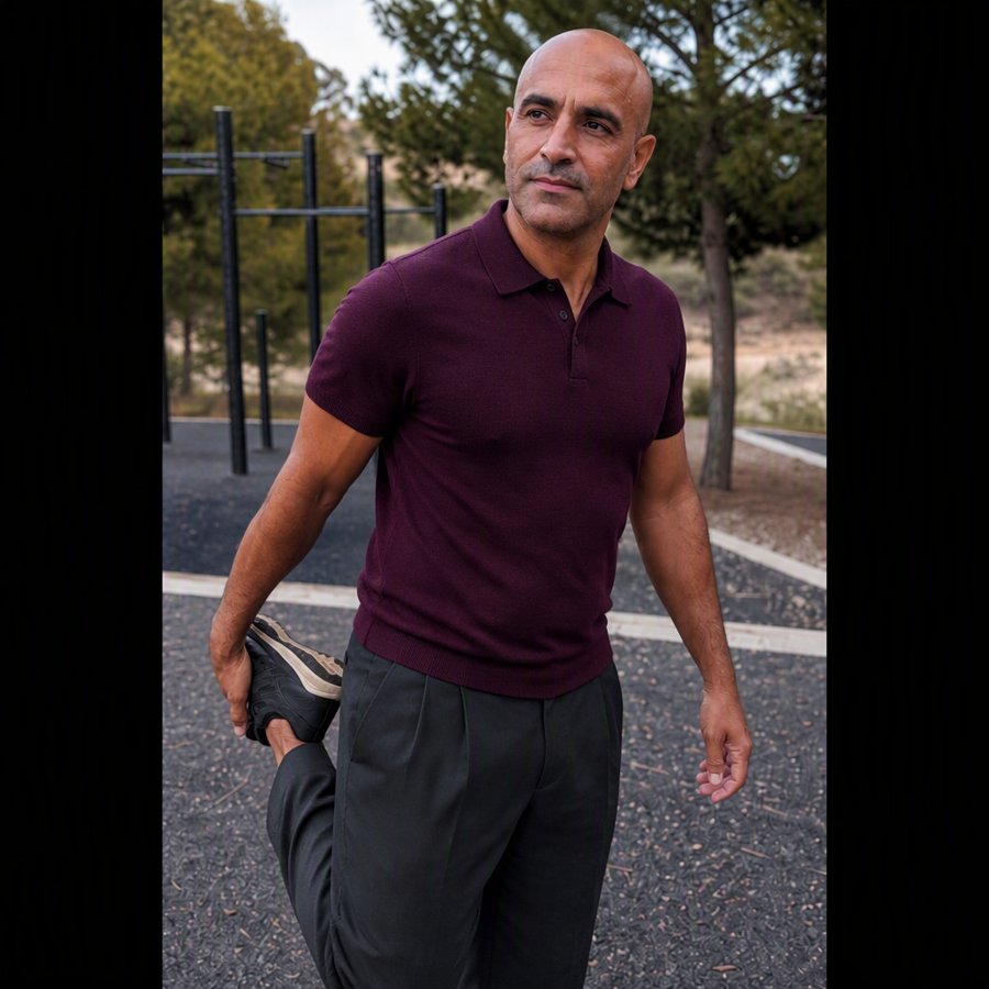 the maroon knit polo is doing all the heavy lifting
