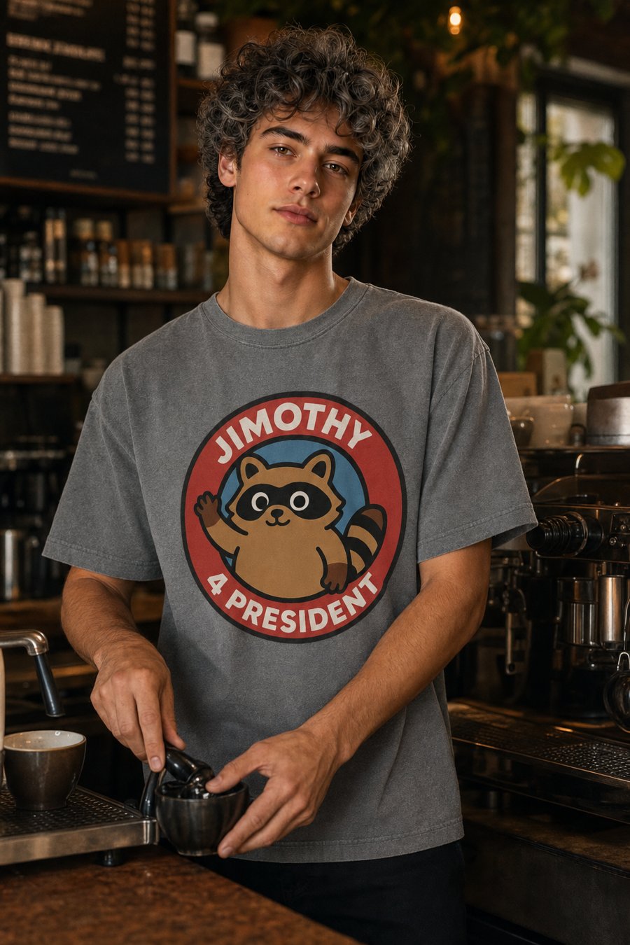 Jimothy 4 President on a grey tee is peak comedy.