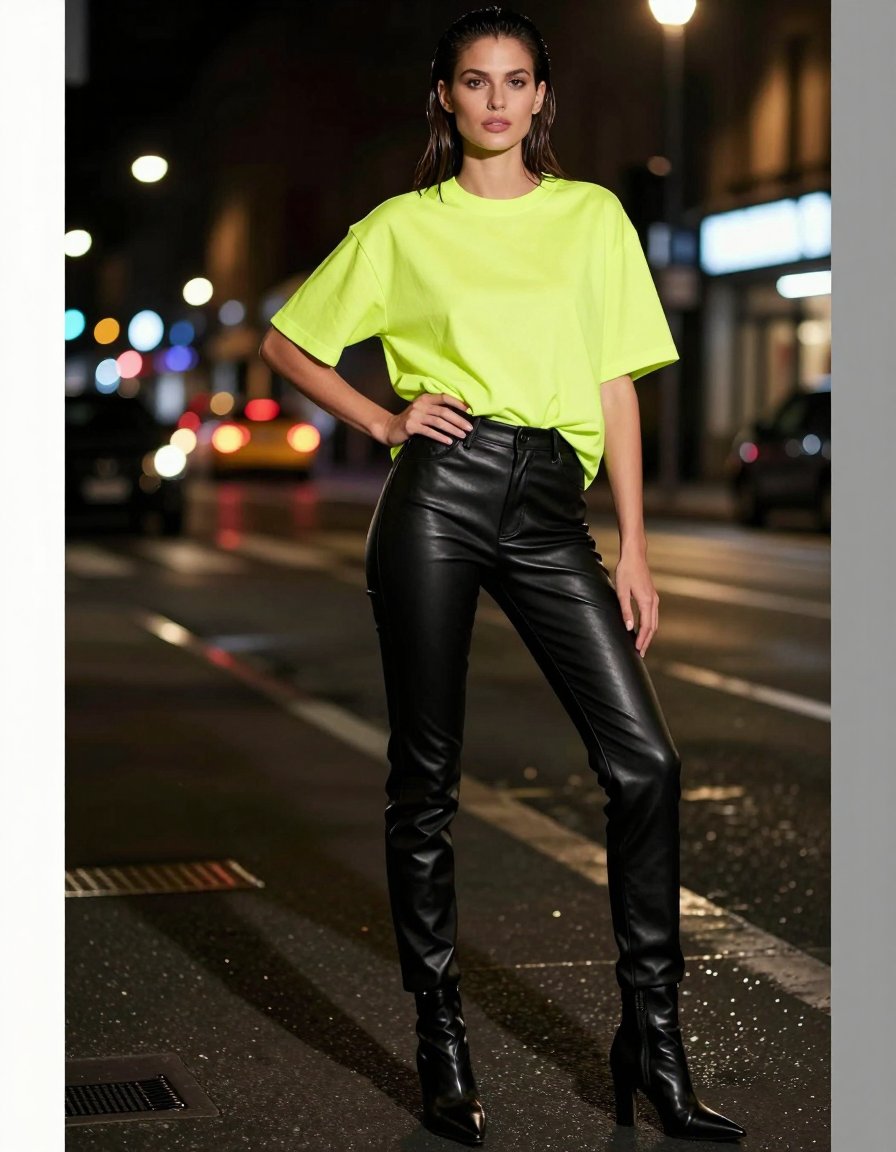 neon tee + leather pants = total statement fit