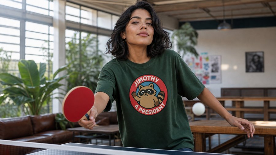 Wearing my Jimothy tee with the JIMOTHY 4 PRESIDENT slogan to the office ping pong table.