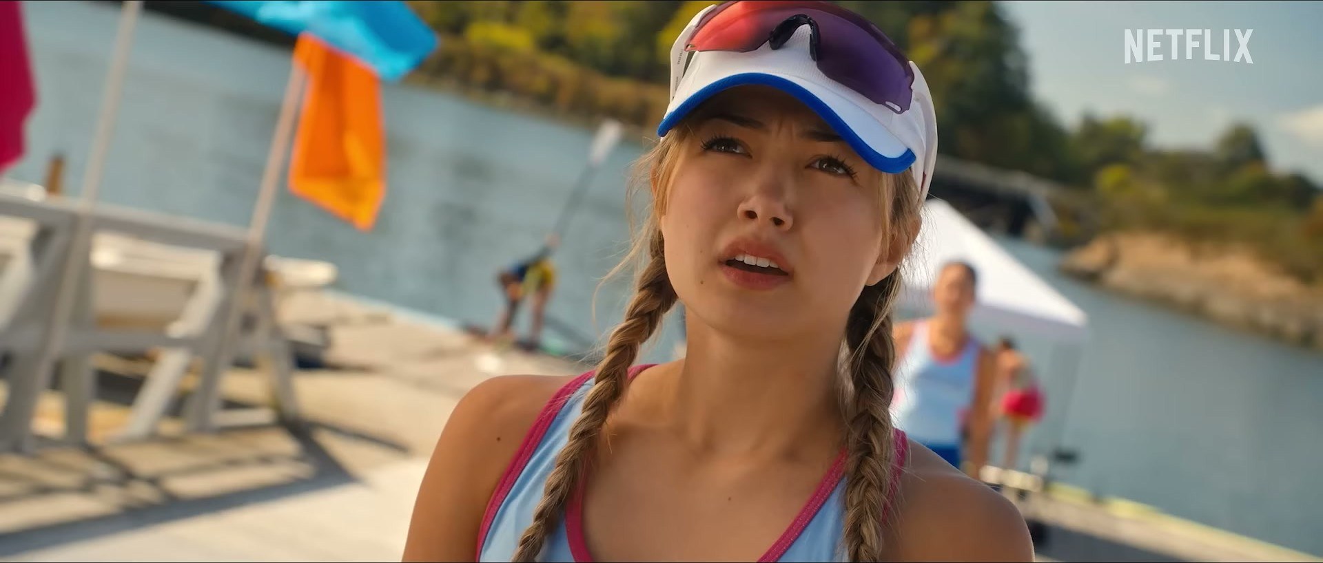 Miku Martineau in Crew Girl on Netflix — visor with sunglasses on top is genius