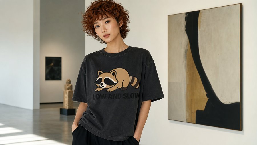 Jimothy’s LOW AND SLOW graphic pops on the dark tee