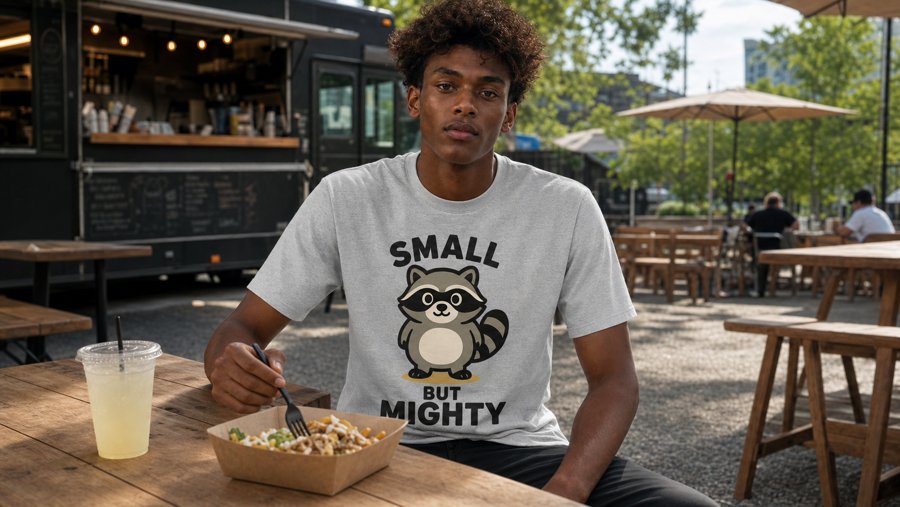 Jimothy declares himself small but mighty on this shirt.