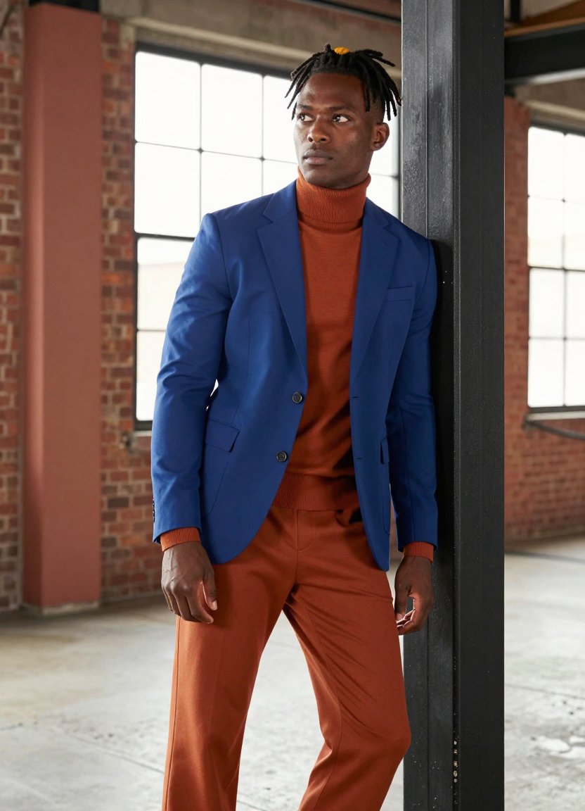 blue blazer with rust turtleneck is *chef's kiss*