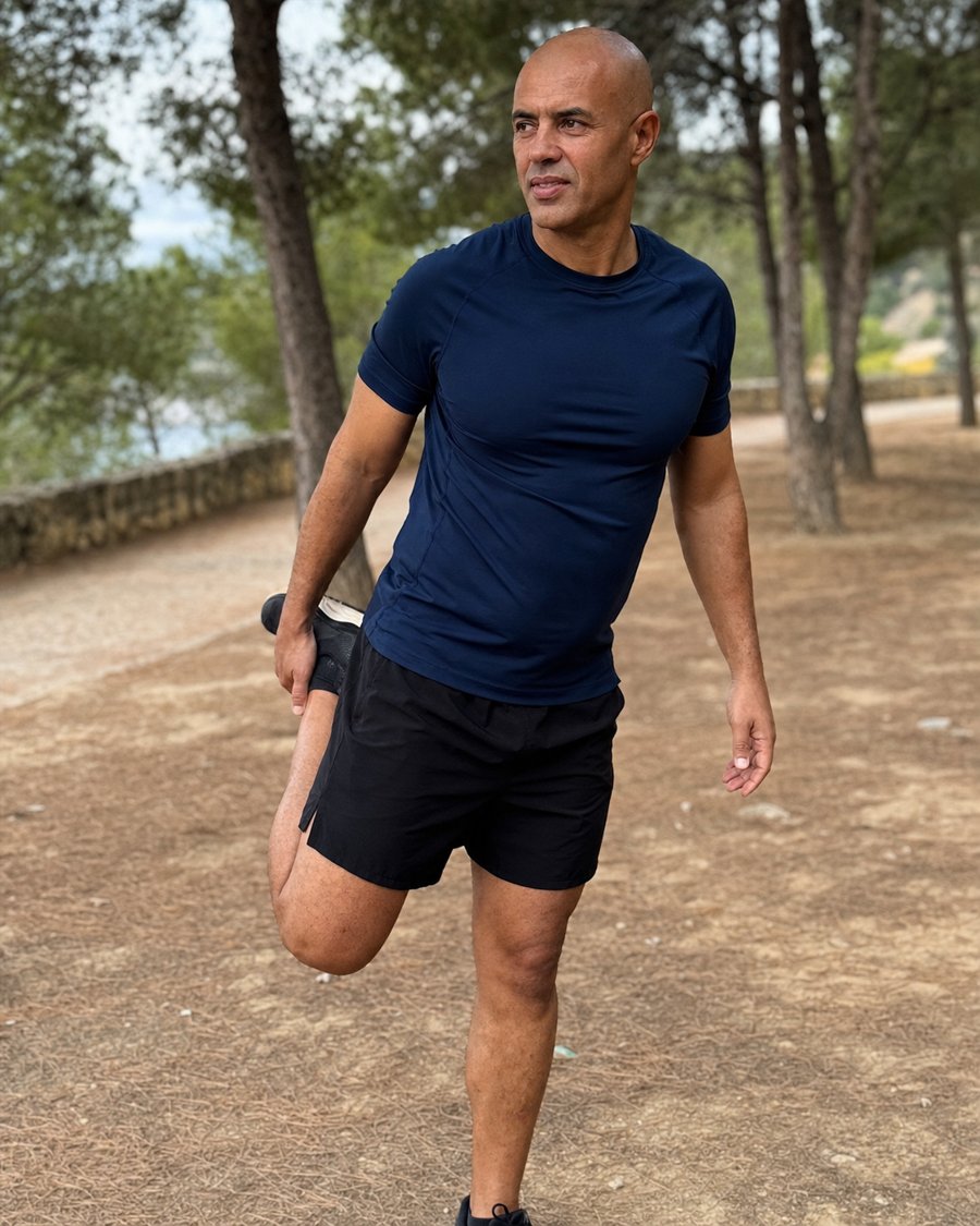 your navy tee moves so perfectly for a quad stretch