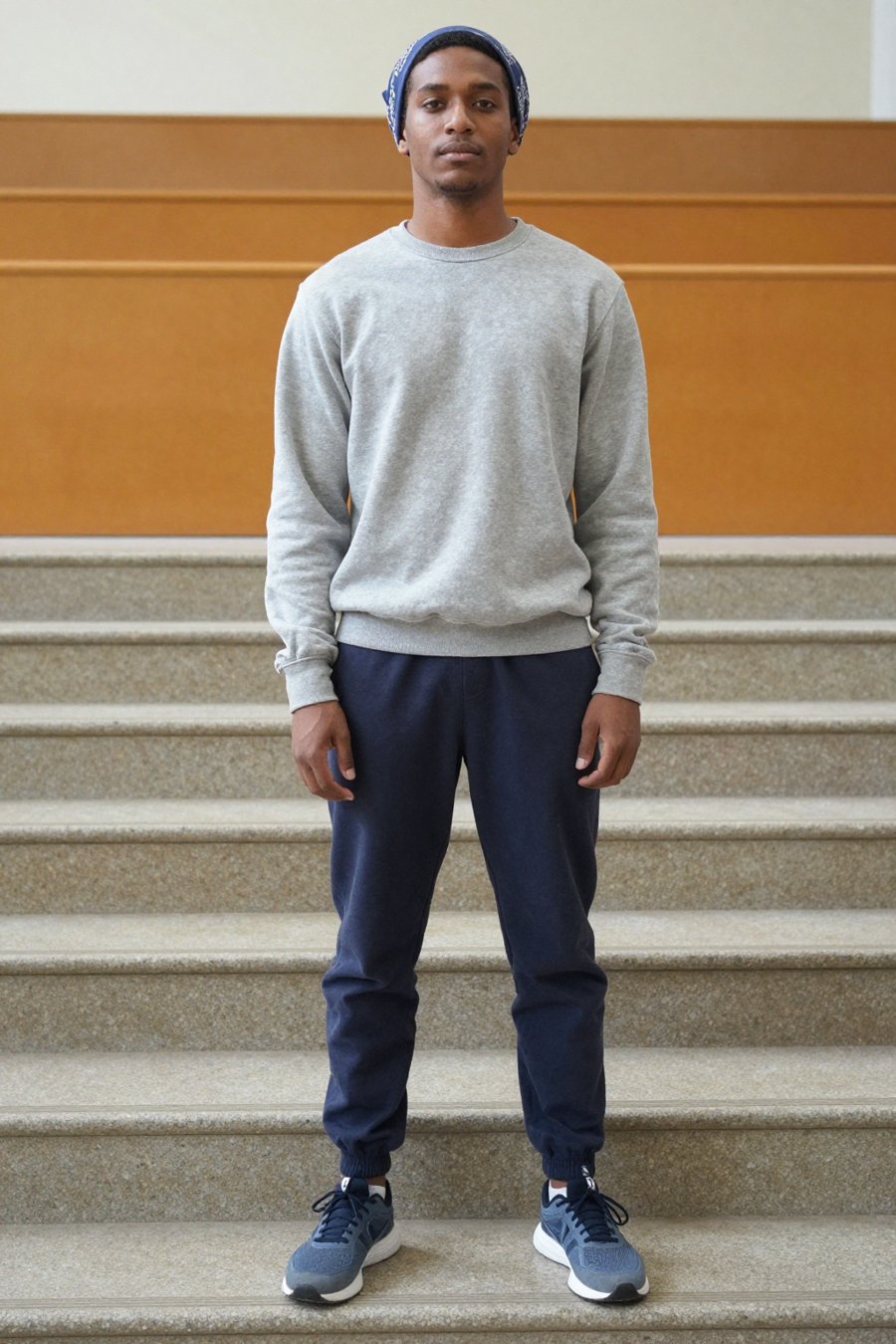 blue bandana brings a little flair to the grey sweat