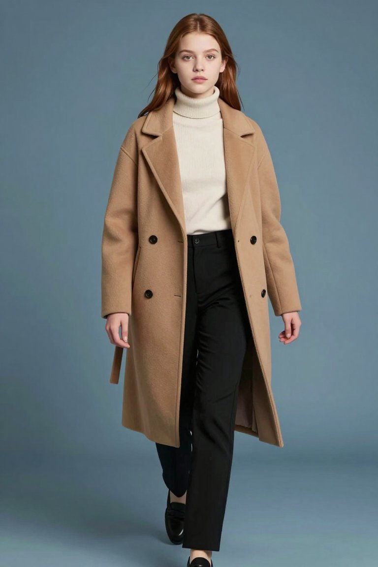 This camel coat and turtleneck combo is giving major cozy vibes