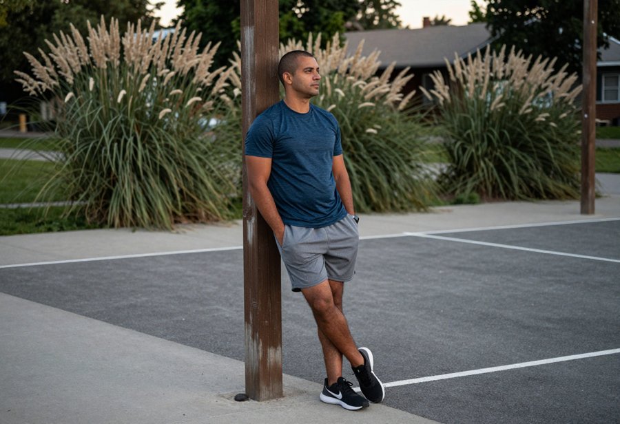 this blue tee and grey shorts combo is actually insane