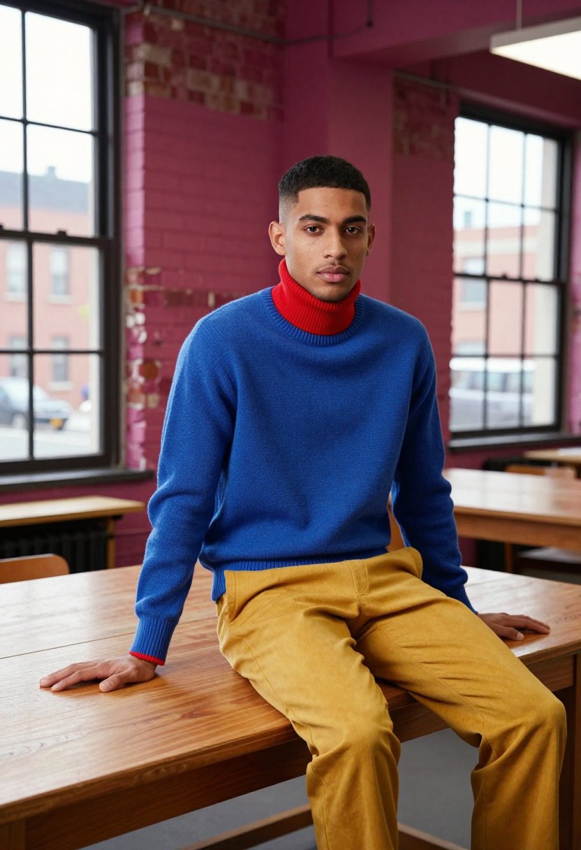 the blue sweater is doing all the work