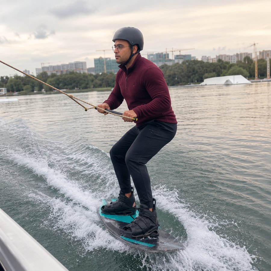Burgundy pullover is doing the heavy lifting against the water wind.