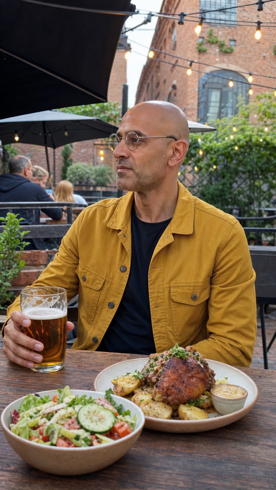 Mustard jacket is doing the heavy lifting here. And the glasses.