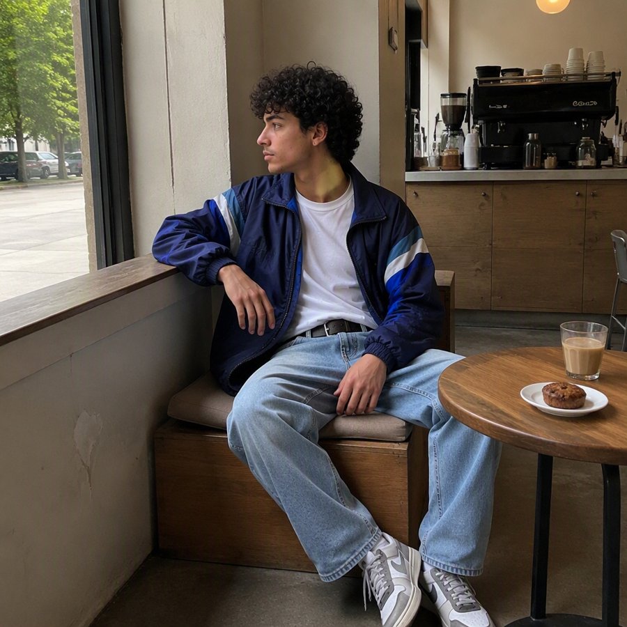 That navy windbreaker is rewriting my entire fashion curriculum