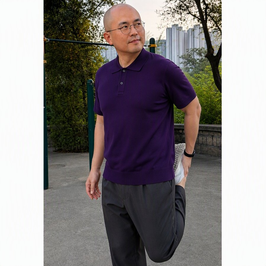 that purple knit polo is doing heavy lifting